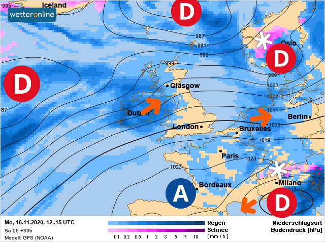 Carte de prévisions d'europe du Lundi 16 novembre 2020