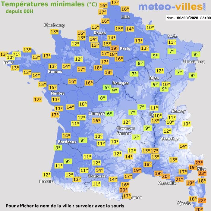 Températures minimales (°C) depuis 00h