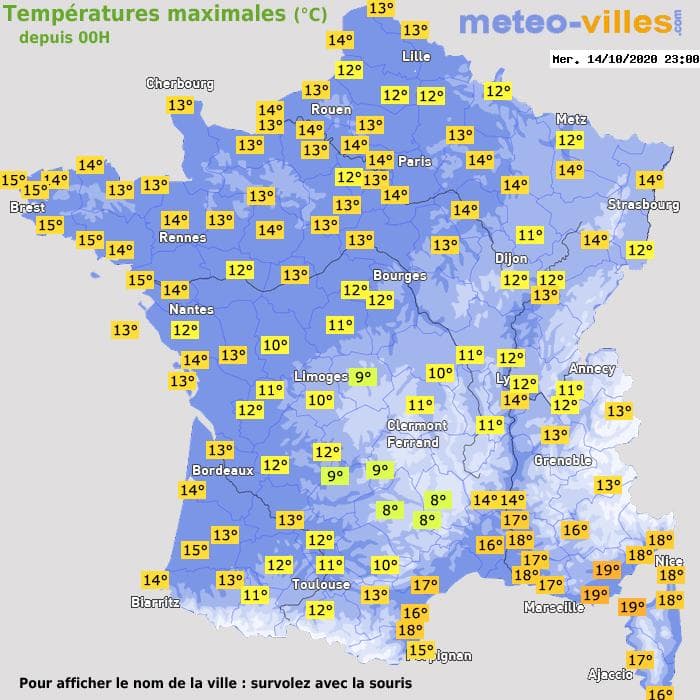Températures maximales (°C) depuis 00h