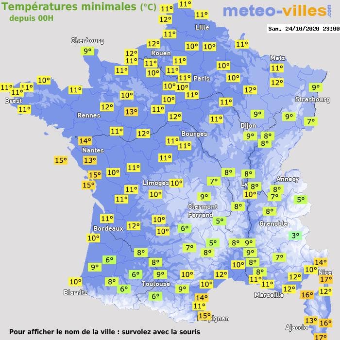 Températures minimales (°C) depuis 00h
