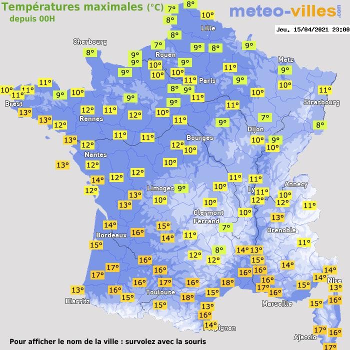 Températures maximales (°C) depuis 00h