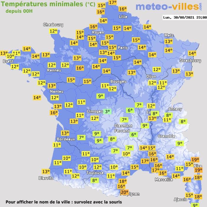 Températures minimales (°C) depuis 00h