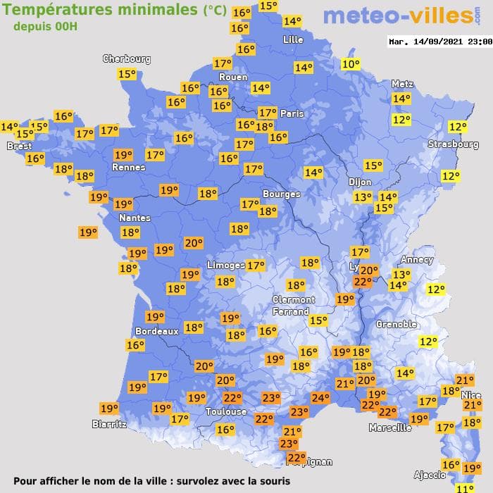 Températures minimales (°C) depuis 00h