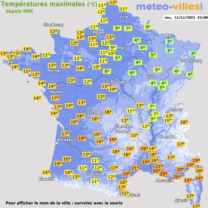 Températures maximales (°C) depuis 00h