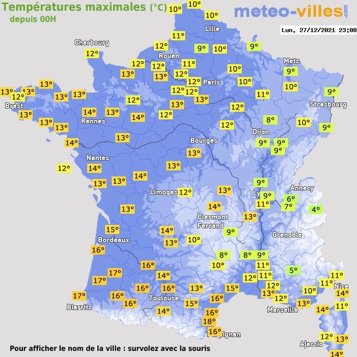 Températures maximales (°C) depuis 00h