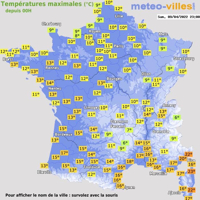 Températures maximales (°C) depuis 00h