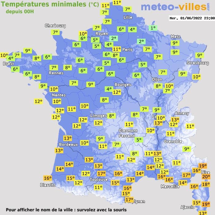 Températures minimales (°C) depuis 00h