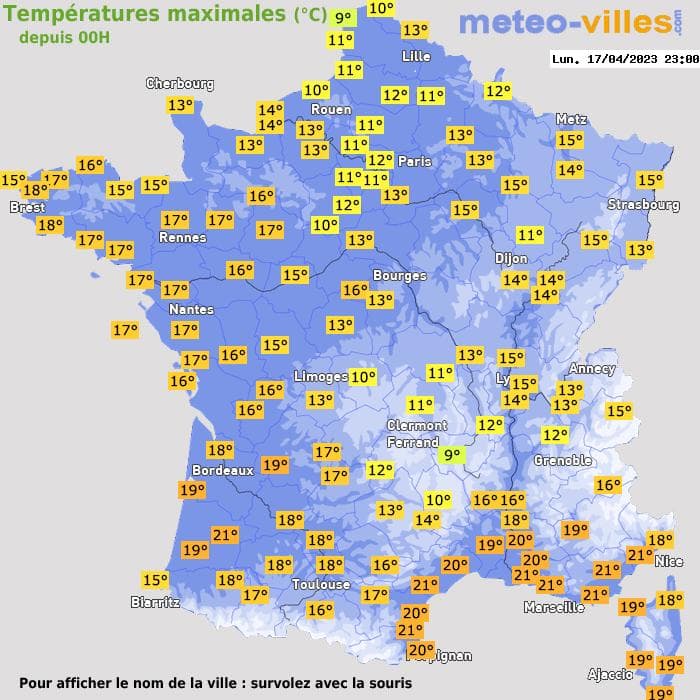 Températures maximales (°C) depuis 00h