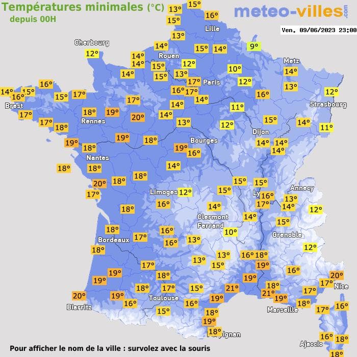 Températures minimales (°C) depuis 00h