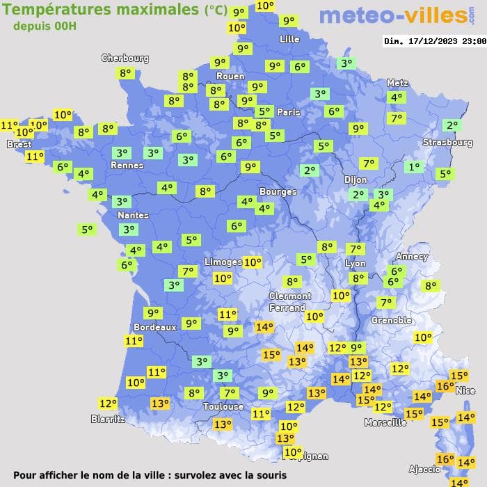 Températures maximales (°C) depuis 00h