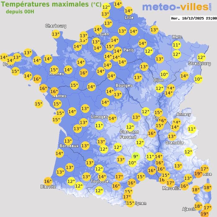 Températures maximales (°C) depuis 00h