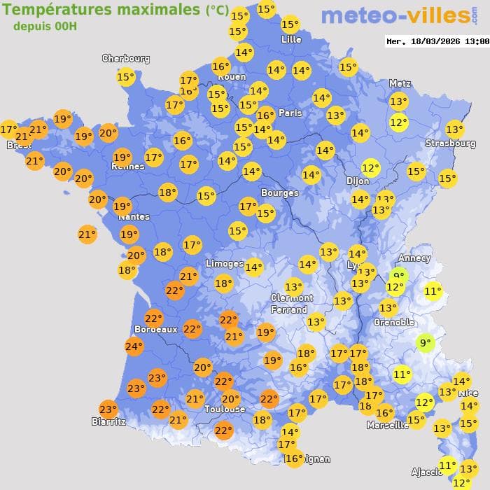Températures maximales (°C) depuis 00h