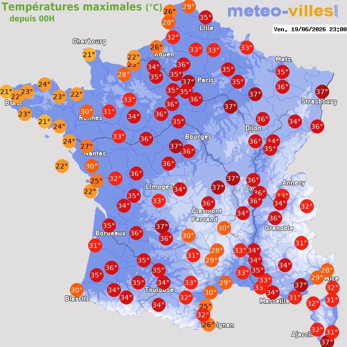 Températures maximales (°C) depuis 00h