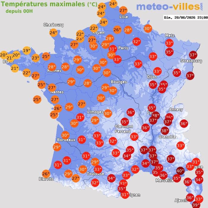 Températures maximales (°C) depuis 00h