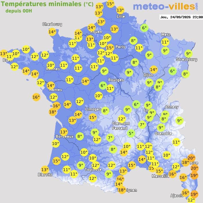 Températures minimales (°C) depuis 00h