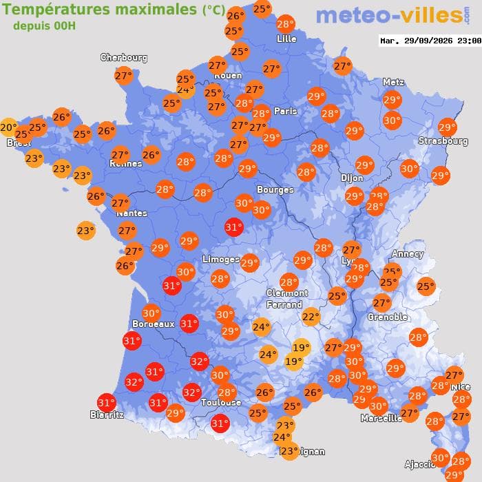 Températures maximales (°C) depuis 00h
