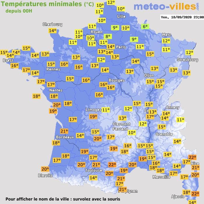 Températures minimales (°C) depuis 00h