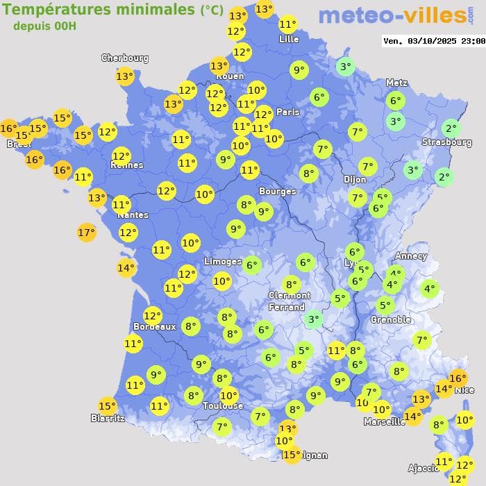 Températures minimales (°C) depuis 00h