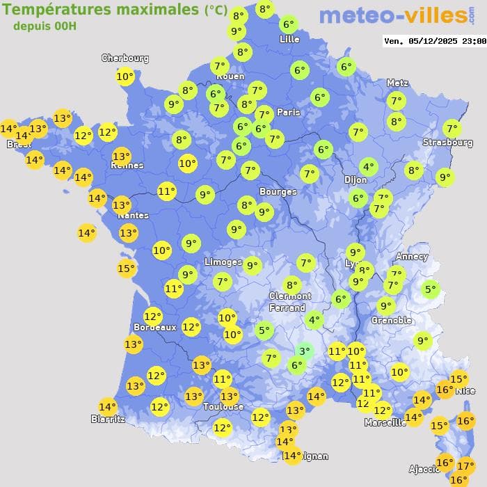 Températures maximales (°C) depuis 00h
