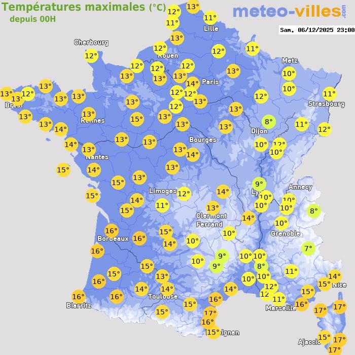 Températures maximales (°C) depuis 00h