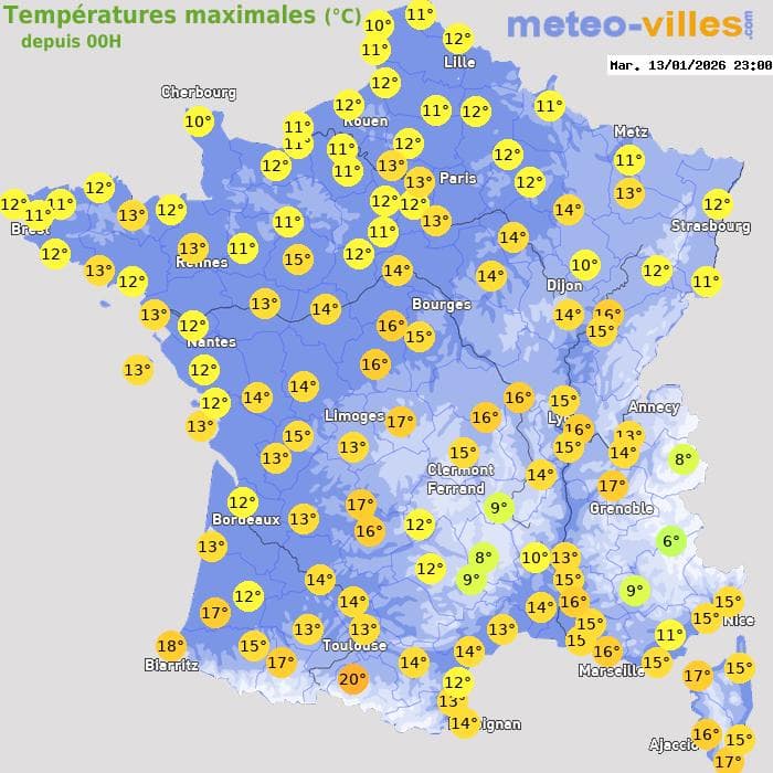 Températures maximales (°C) depuis 00h