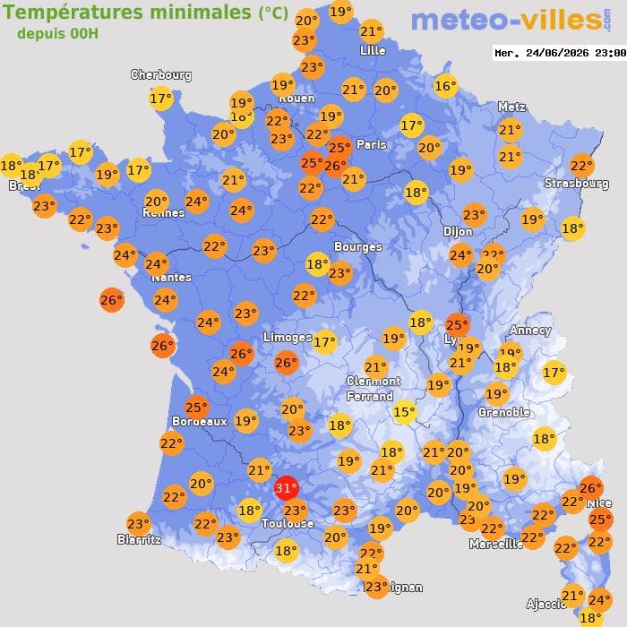 Températures minimales (°C) depuis 00h