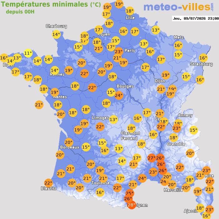 Températures minimales (°C) depuis 00h