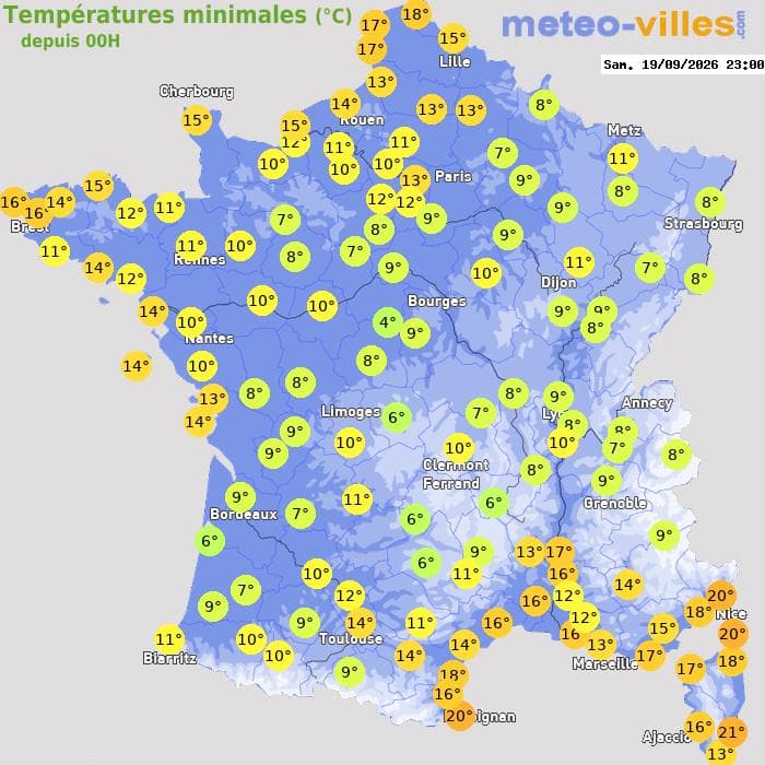 Températures minimales (°C) depuis 00h