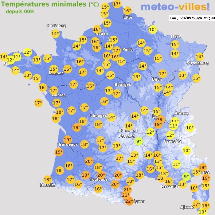 Températures minimales (°C) depuis 00h