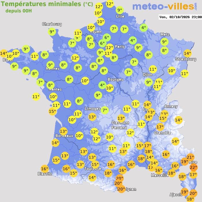 Températures minimales (°C) depuis 00h