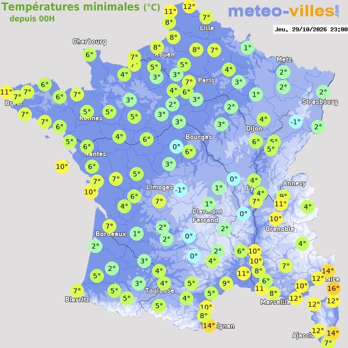 Températures minimales (°C) depuis 00h