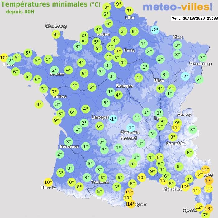 Températures minimales (°C) depuis 00h